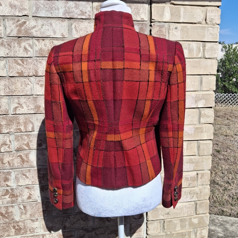 Vintage Carlisle Plaid Red Orange Cropped Long Sleeve Wool Jacket Women Size 2 - Picture 10 of 16